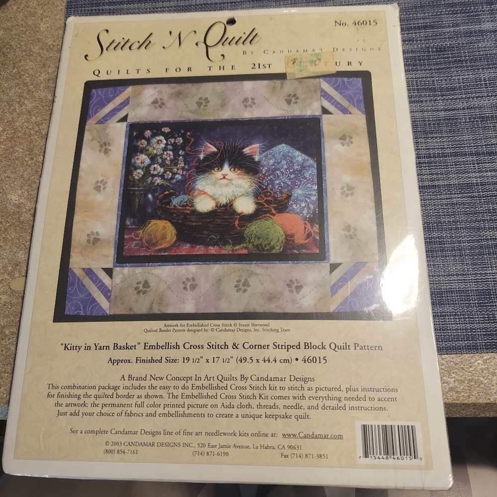 Kitty in Yarn Basket Cross Stitch n Quilt Kit T198 Candamar Designs 2003